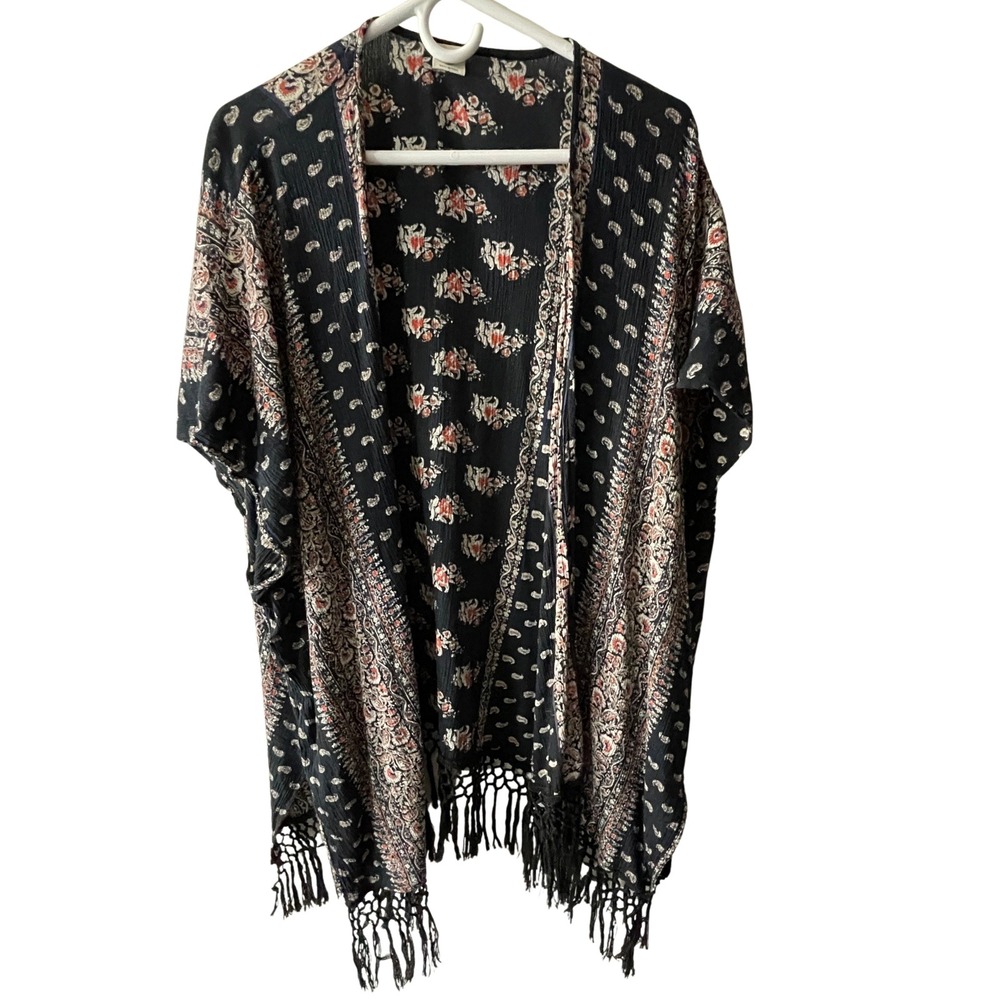 Abercrombie & Fitch Womens M/L Boho Paisley Fringe Kimono Swim Cover Up Navy